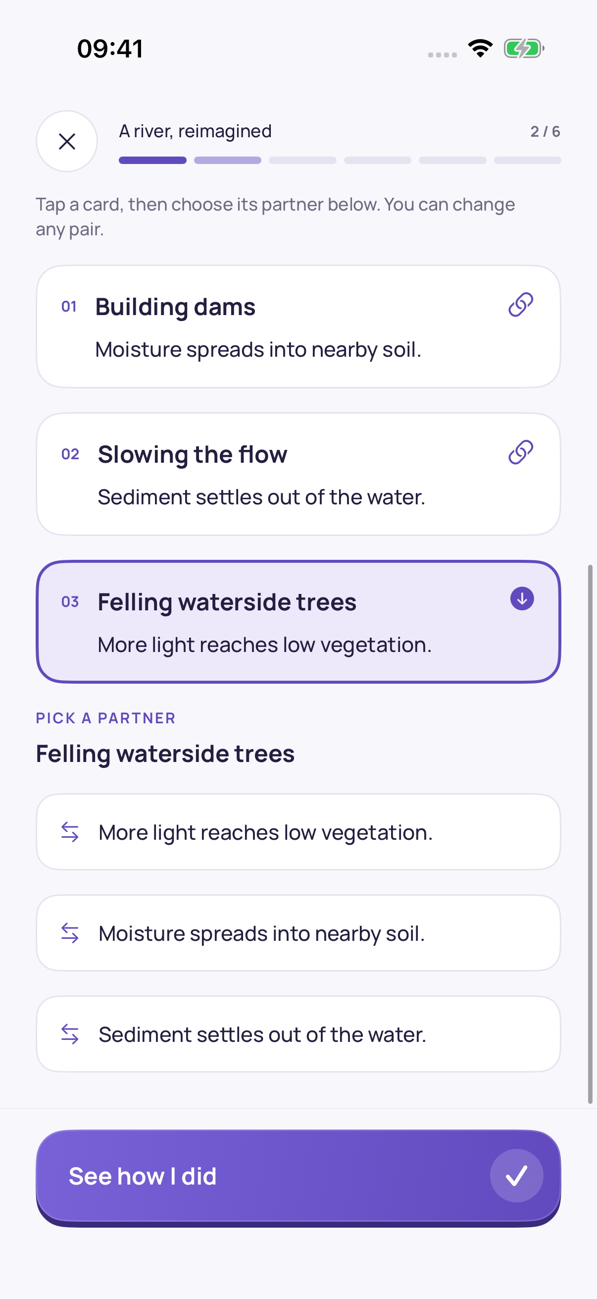 Connect the dots practice with selectable ideas and matching partners